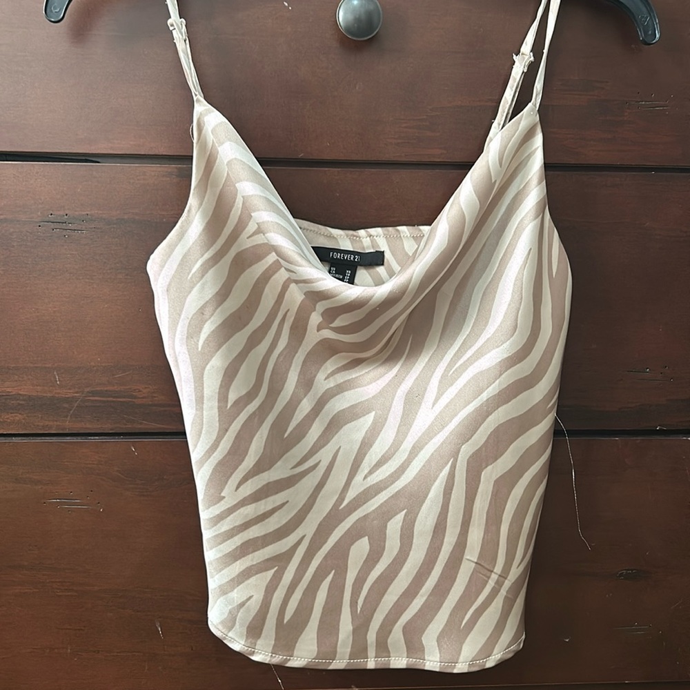 Tan zebra print thin strapped crop top